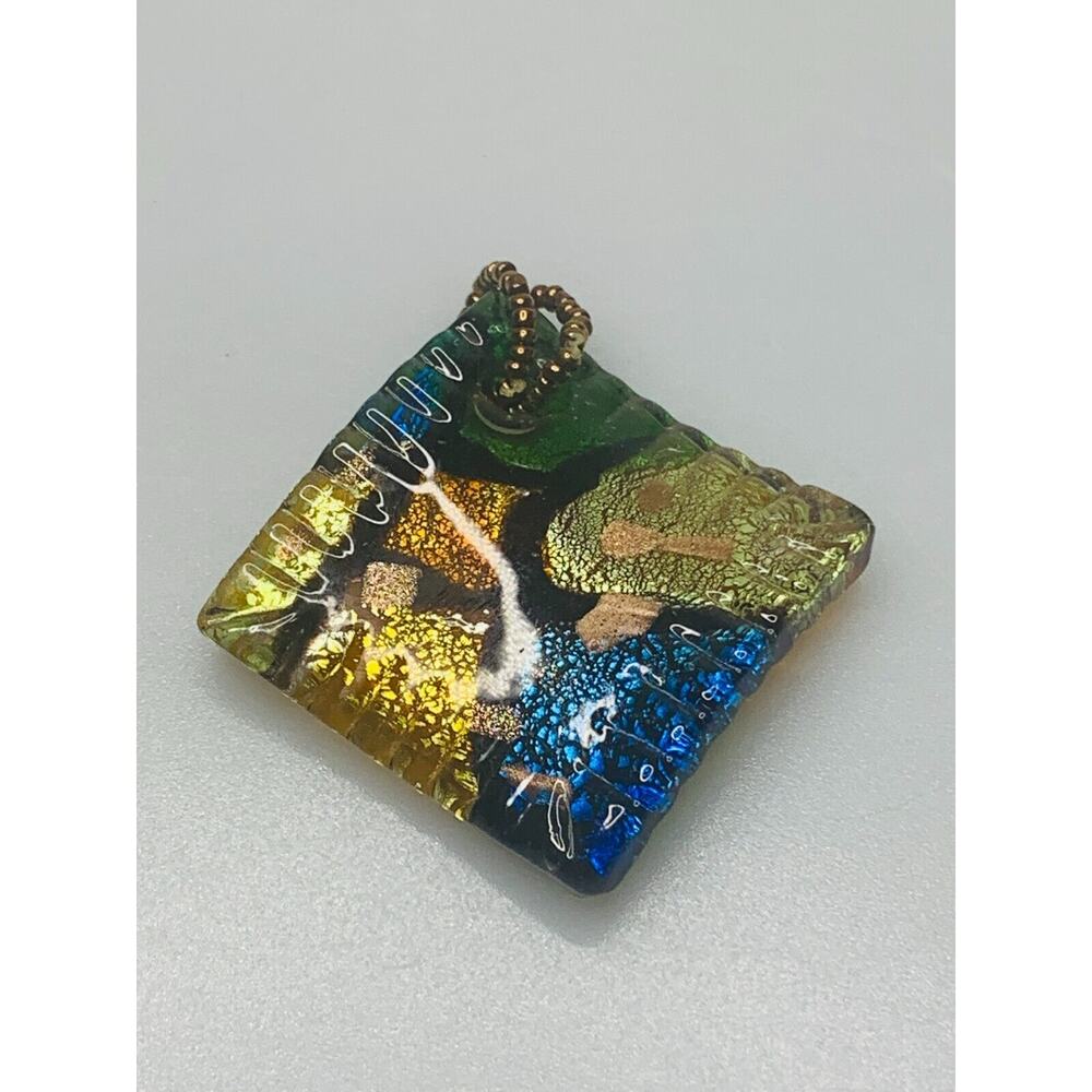 Blue, Green & Gold Glass Pendant, Diamond Shape, 1.5"